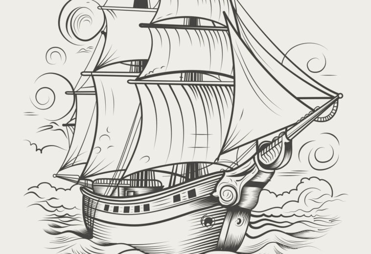 Hand Drawn Custom Vintage Pirate Ship Illustration. Pirate Boat Sketch Drawing.