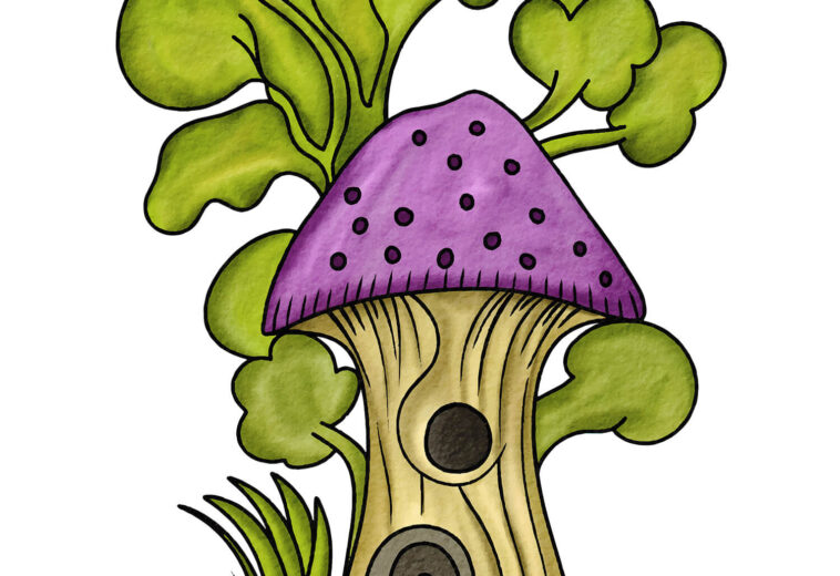 Hand Drawn Watercolor Mushroom House Illustration