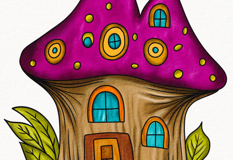 Hand Drawn Watercolor Mushroom House Illustration