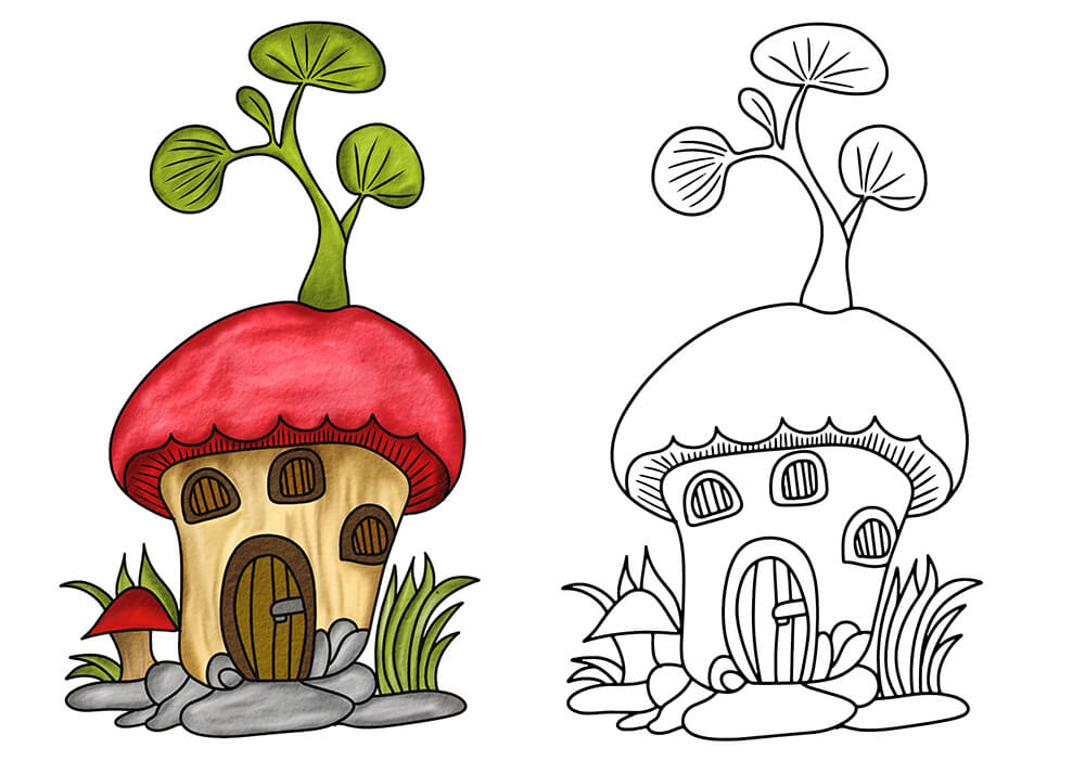 Hand Drawn Mushroom Watercolor Illustration With Line Art