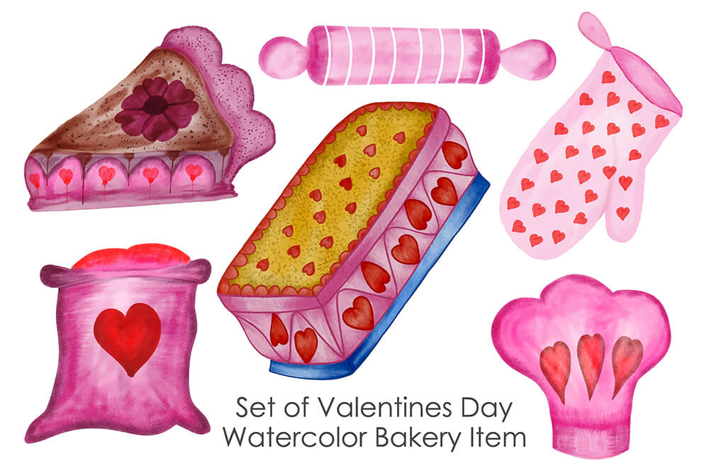 Hand Drawn Set of Valentines Day Watercolor Bakery Item