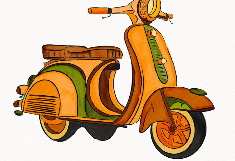Hand Drawn Watercolor Cartoon Scooter Illustration