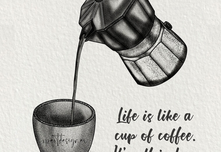 Hand Drawn Stippling Art – Coffee Pouring With Kettle and Mug